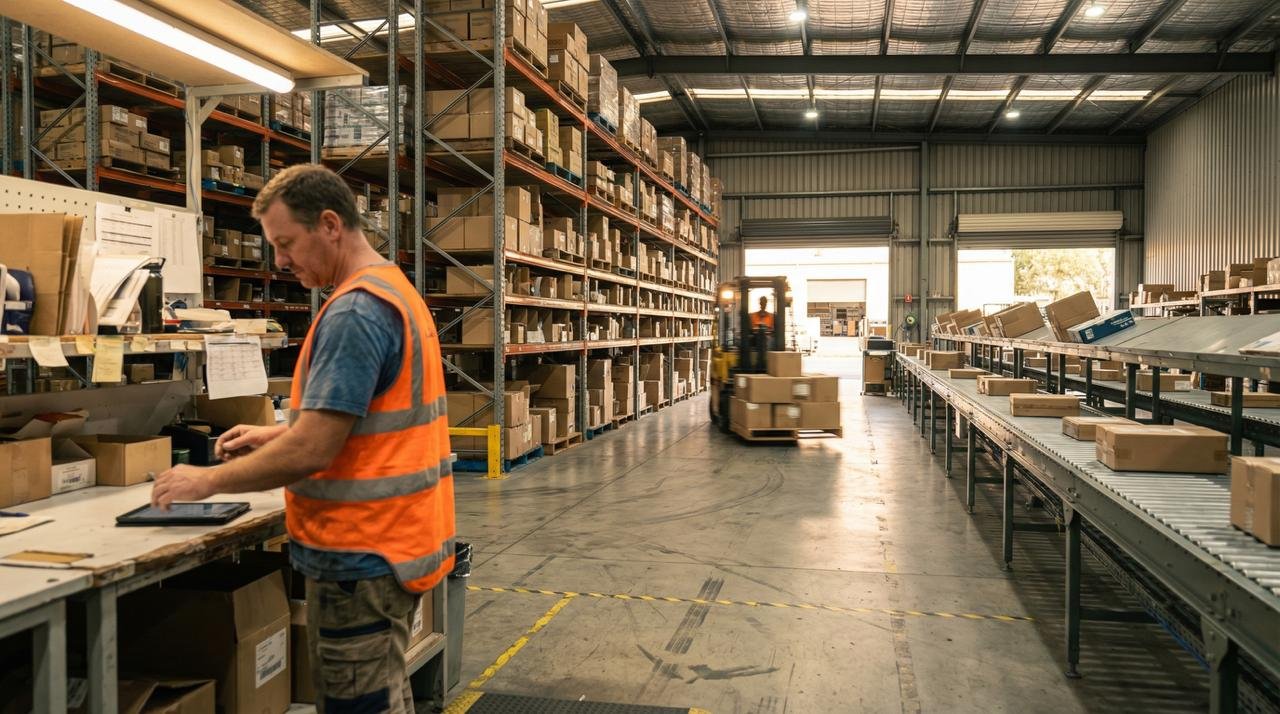 Warehouse worker reviewing inventory